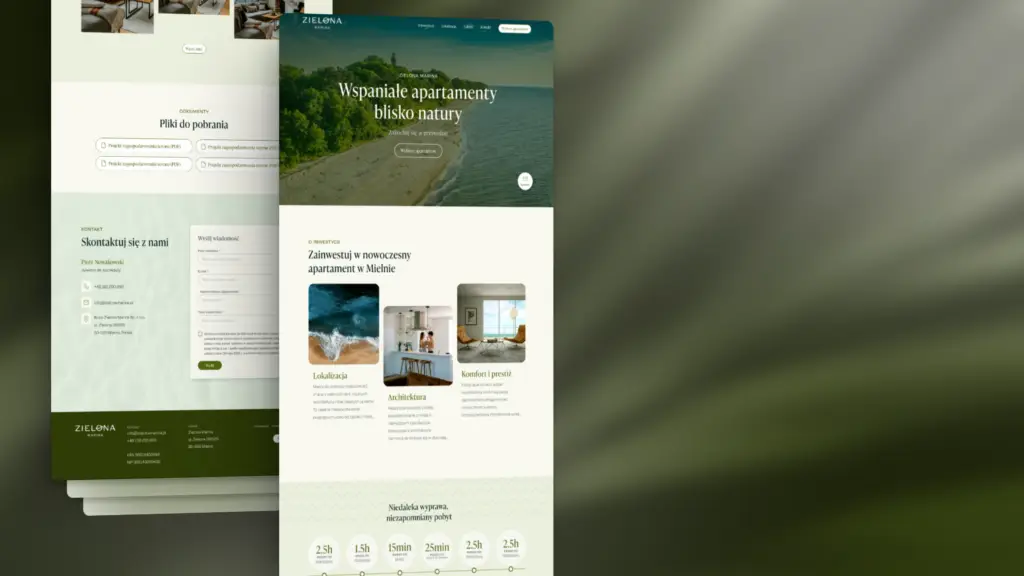 Zrzut ekranu przedstawiający projekt strony internetowej Zielona Marina z zielonymi akcentami.