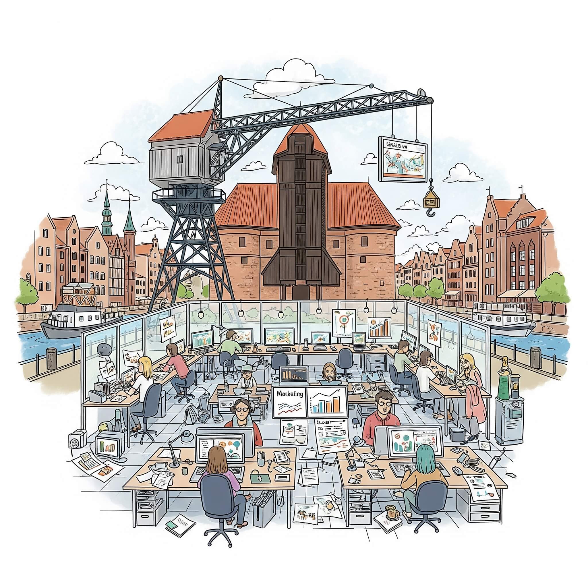 Szczegółowa ilustracja w stylu plakatu podróżnego vintage, przedstawiająca agencja marketingowa w Gdańsk. Na pierwszym planie widać ikonę miasta – Żurawia, górującego nad Motławą. Plakat wyróżnia się żywymi kolorami, estetyką retro oraz detalami nawiązującymi do morskiej historii i urokliwej architektury Starego Miasta Gdańska.