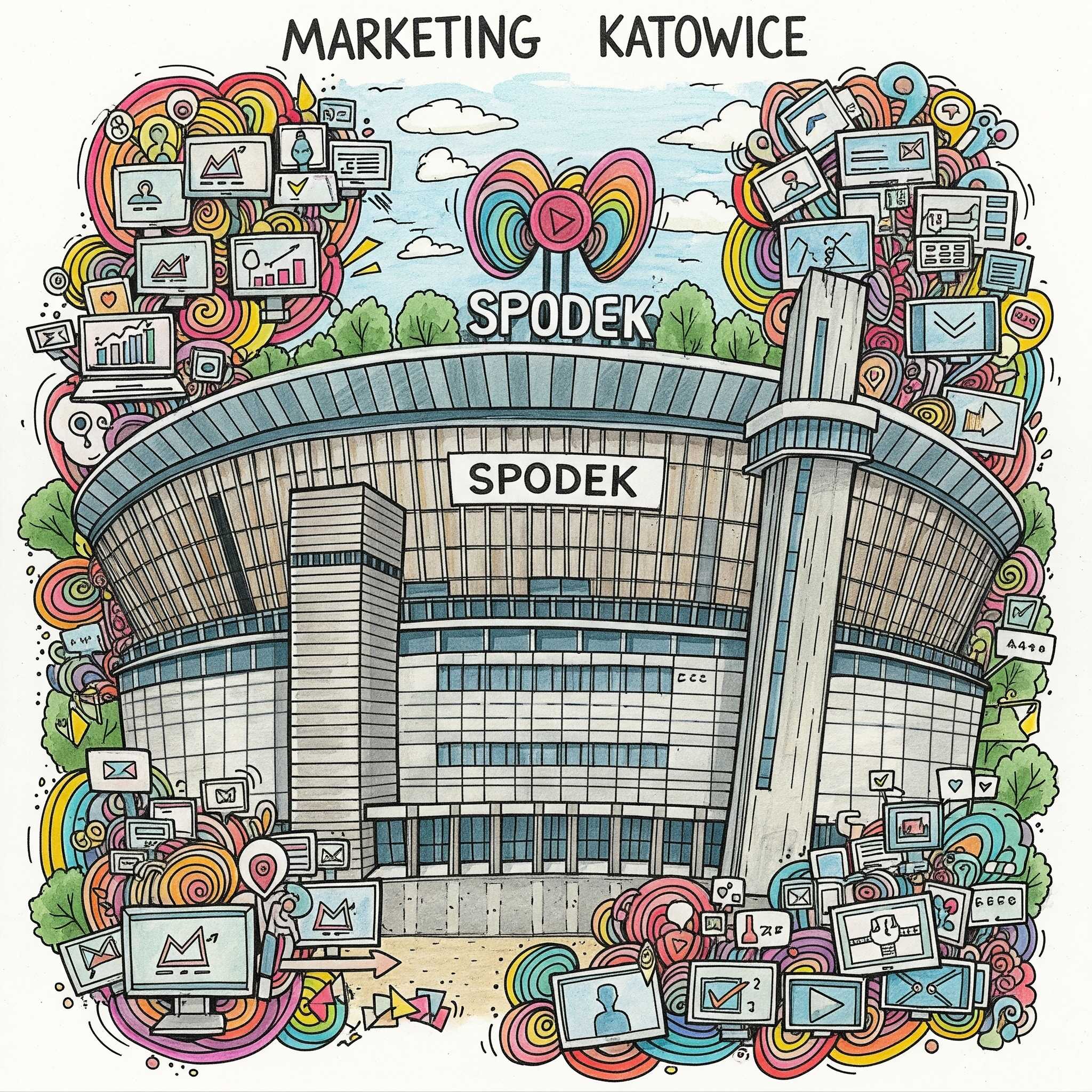 Kolorowy, dynamiczny rysunek przedstawiający agencja marketingowa  Katowice, z charakterystycznym Spodkiem w tle. Grafika ukazuje kreatywną energię agencji poprzez barwne ilustracje strategii marketingowych i zaangażowania w media społecznościowe.