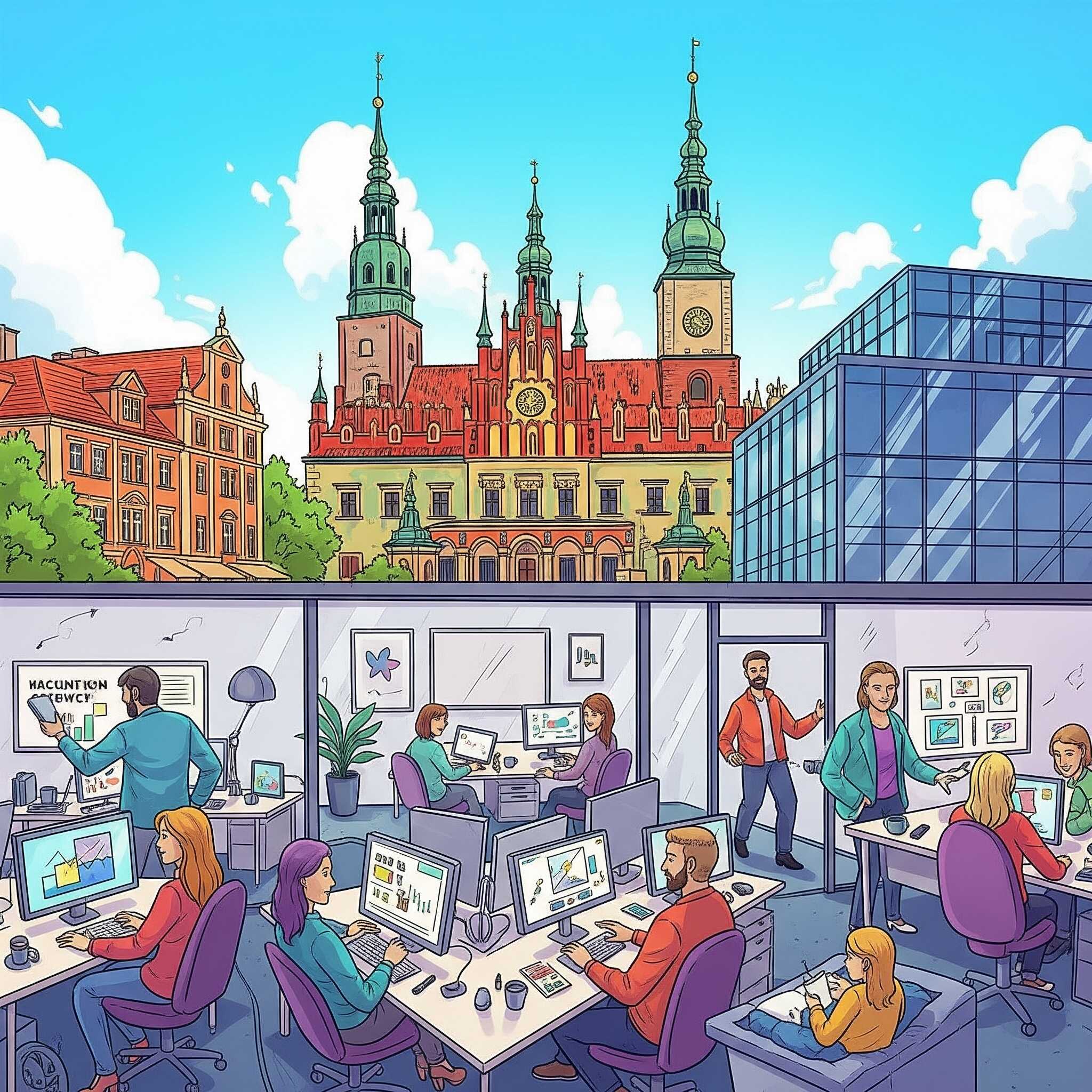 Rysunek w stylu grafiki noweli, ukazujący agencja marketingowa  Poznań, z historycznym Ratuszem na tle Starego Rynku. W biurze widoczni są pracownicy zaangażowani w kreatywne zadania, co oddaje dynamiczną energię miasta.