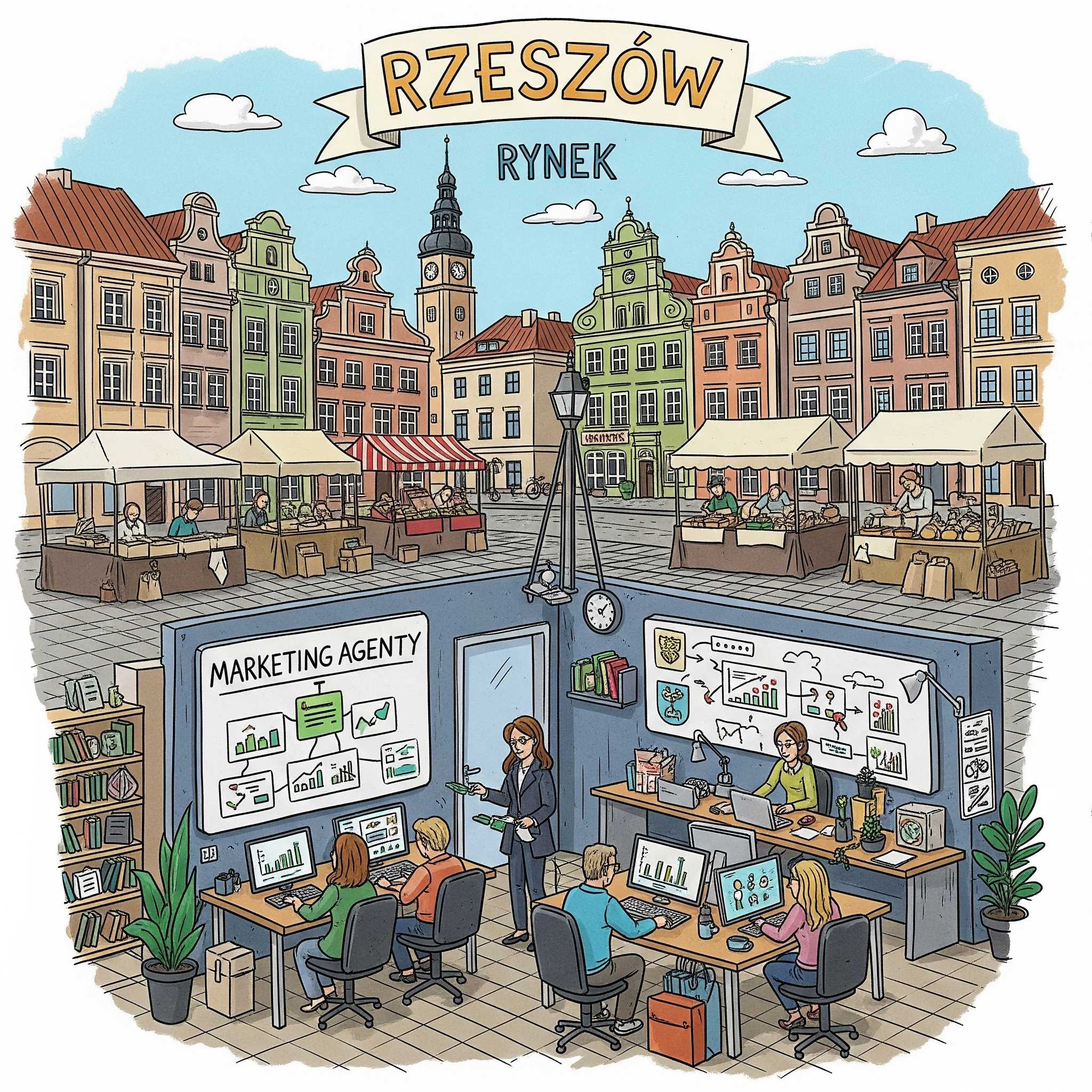 Rysunek przedstawiający agencja marketingowa Rzeszów, z widocznym tłem Rynku Głównego, kolorowymi kamienicami i elementami symbolizującymi lokalną społeczność i handel. Widać zgiełk i energię, z subtelnymi odniesieniami do herbu miasta.
