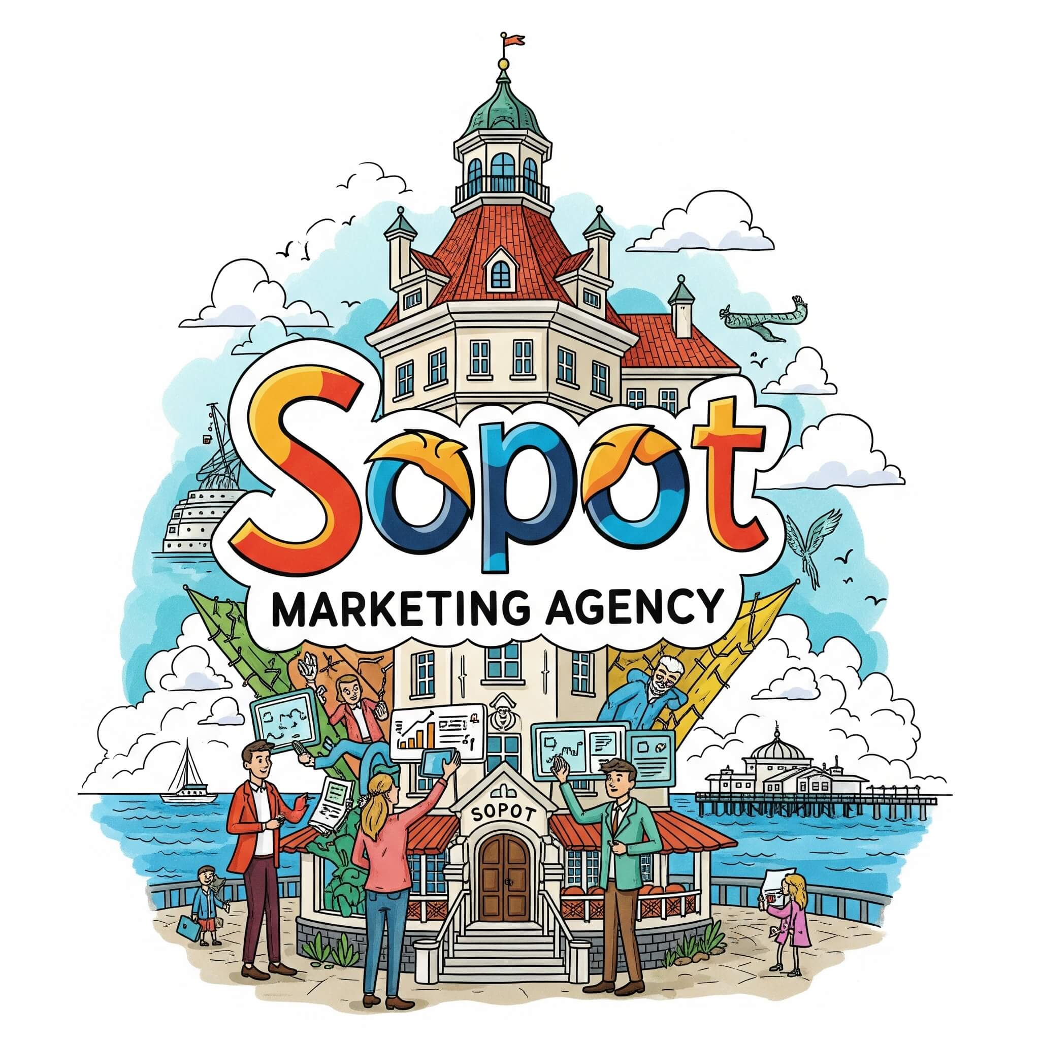 Agencja marketingowa Sopot plakat przedstawiający charakterystyczną dla Sopotu architekturę oraz napis "Sopot"