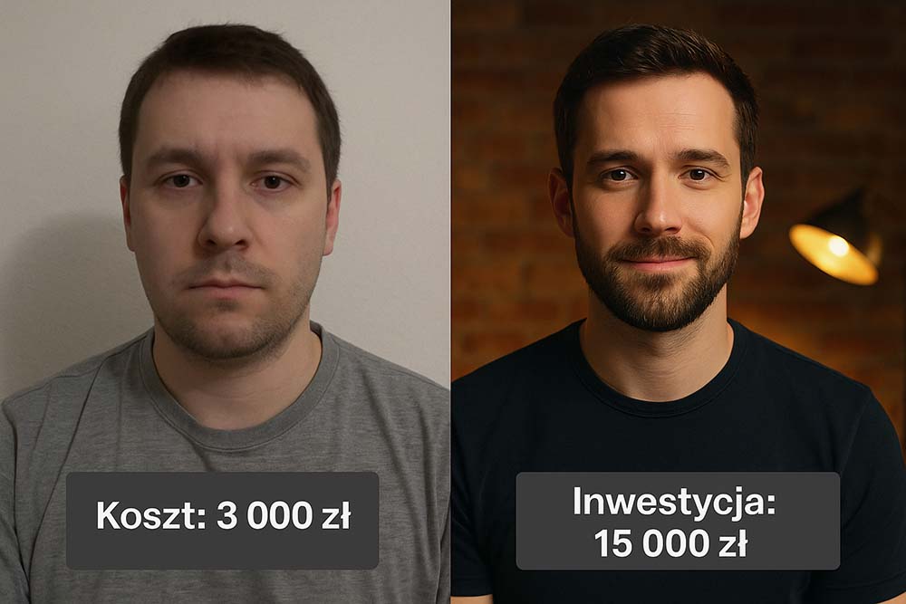 Porównanie jakości filmu reklamowego: po lewej stronie nieprofesjonalny kadr (koszt 3000 zł), po prawej profesjonalny, kinowy portret (inwestycja 15 000 zł).